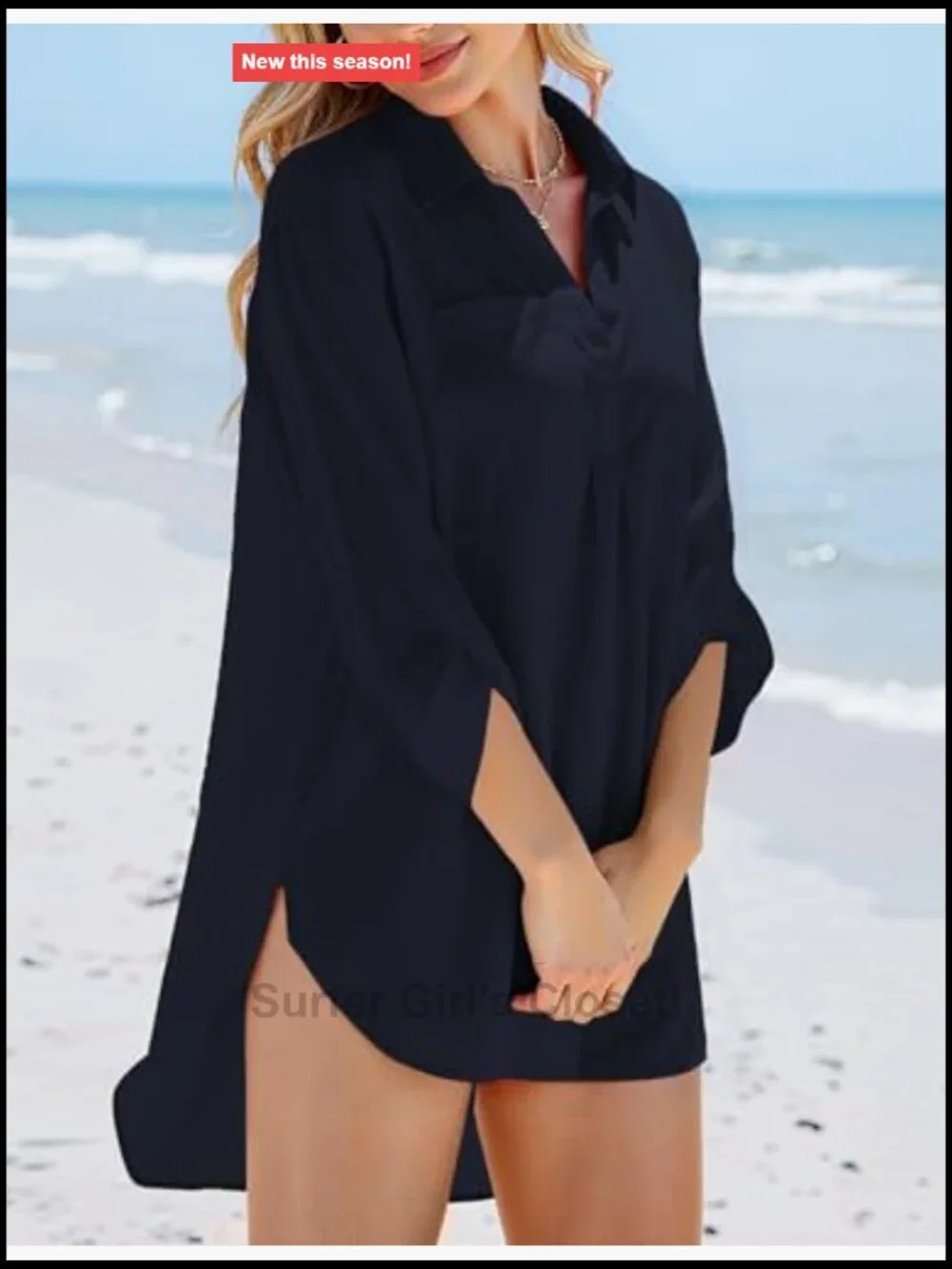 V Neck 3/4 Sleeve Bikini Cover Up Beach Dress with Pockets